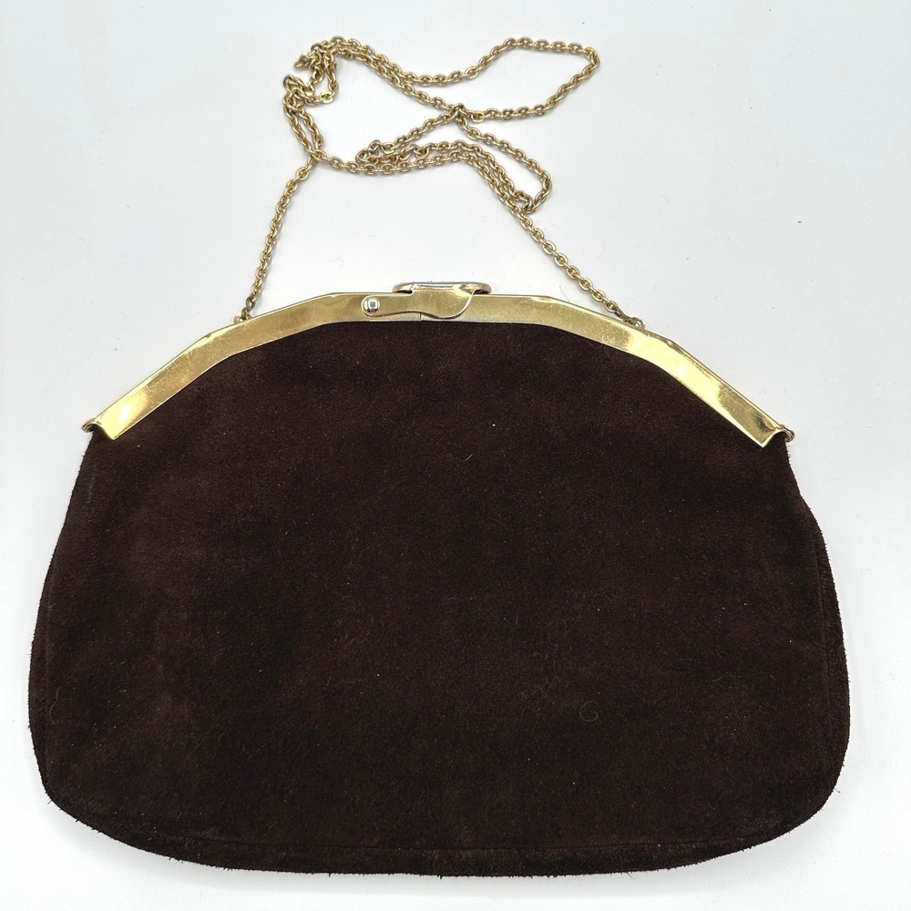 VTG Brown Suede Clutch Evening Bag Gold Chain MCM Old Money Quite Luxury Retro